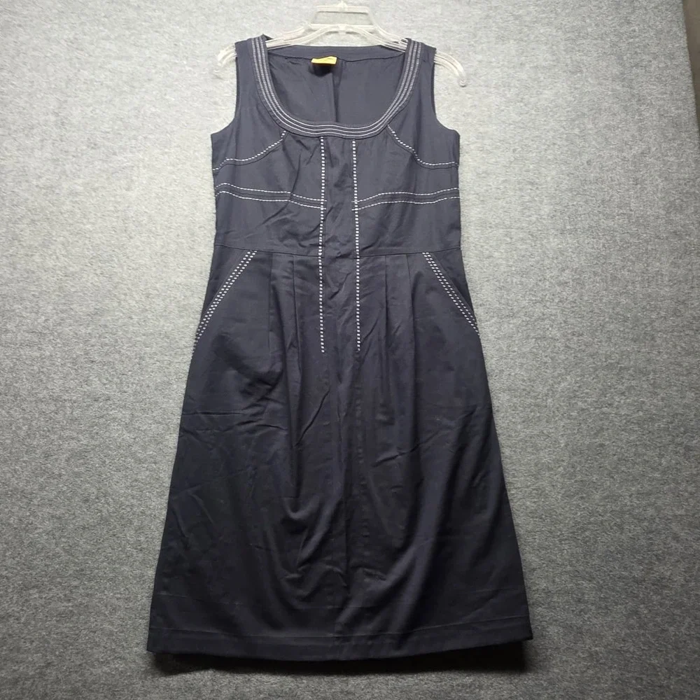 Tory Burch Women's Navy Sleeveless Dress Contrast Stitch Pockets A-Line
